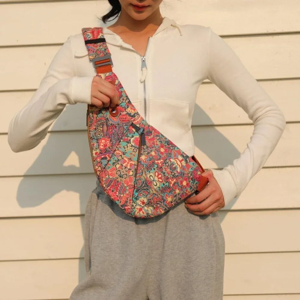 Women's Floral Polyester Crossbody Sling Bag Compact Lightweight Multi-Pocket
